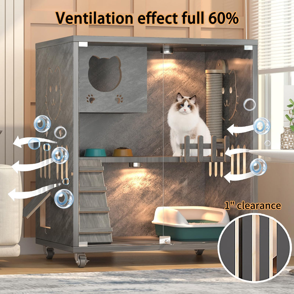 Large Indoor Cat Enclosure, Wooden Large Cat Villa, Indoor/Outdoor Cat Enclosure with Wheels, Multi-Feature Enclosed Cat Houses for Indoor Cats Ventilation Glass Doors, 38" X 32" X 24" HUATOL
