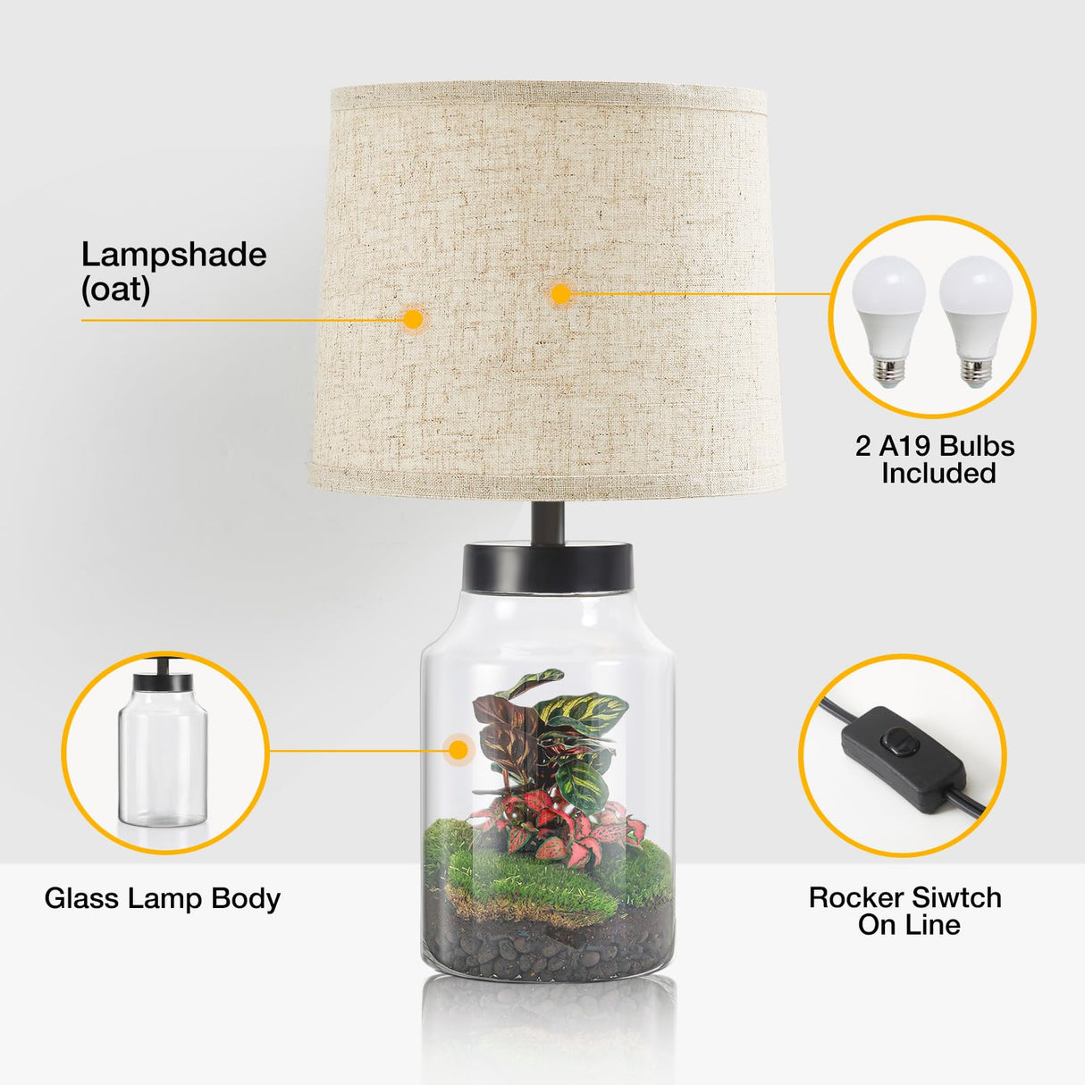 GyroVu Table Lamp Set, Fillable Table Lamp with Clear Glass Nightstand Lamp Set of 2 Beside Lamp for Living Room Bedrooms Office Bulbs Included(Oat Lampshade) GyroVu