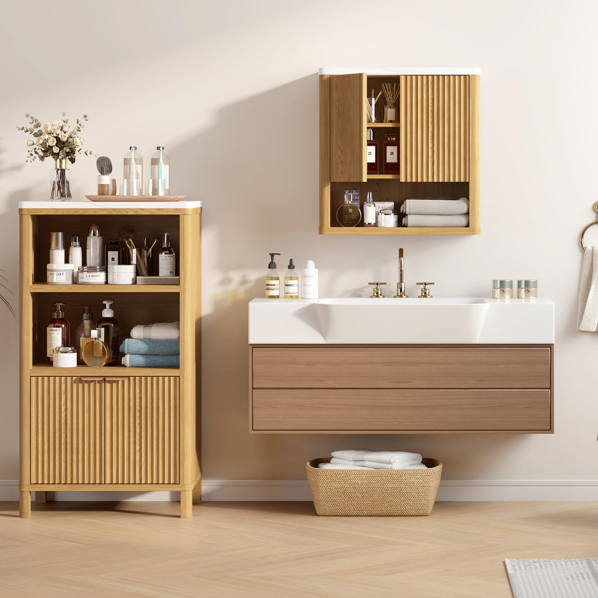 HOMEFORT Bathroom Wall Cabinet, Medicine Cabinets, Over The Toilet Storage Cabinet with 2 Doors, Adjustable Shelf and Faux Marble Top, Natural Oak HOMEFORT