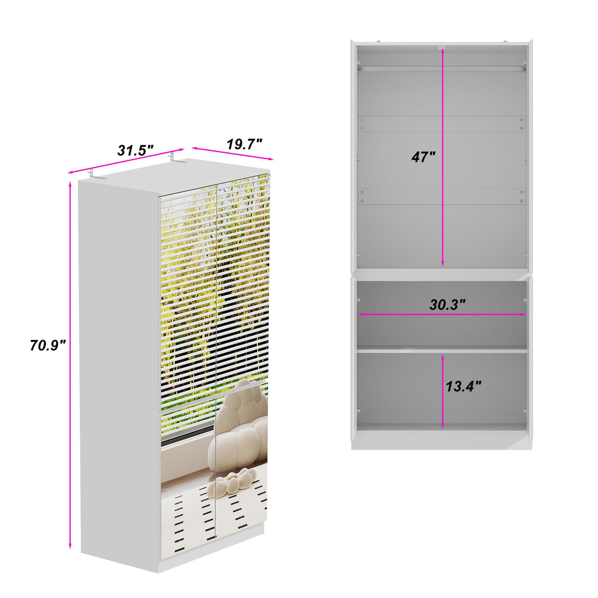 WOODTIME Wardrobe Closet with All Mirror, Wooden Armoire with 4 Doors & Hanging Rod, Clothes Storage Cabinet Organizer for Bedroom Apartment, White WOODTIME