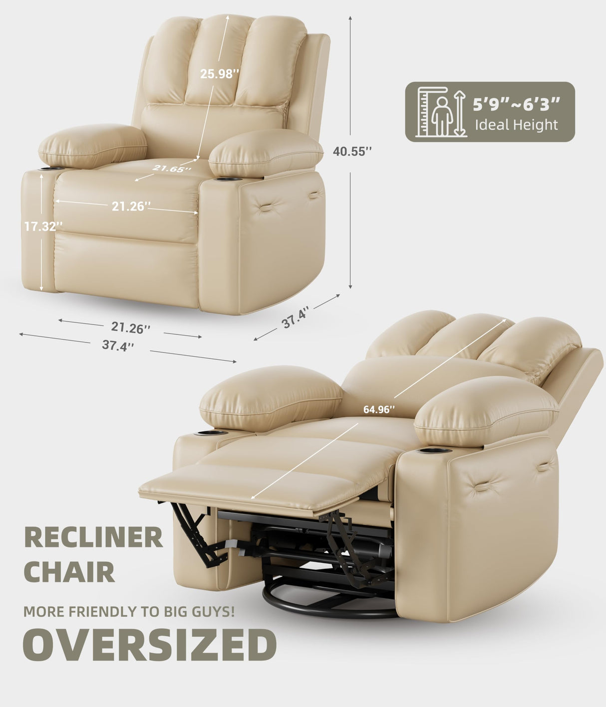 GarveeHome Recliner Chairs, Classic Manual Leather Recliner, Home Theater Seating with Lumbar & Arms Support for Living Room, Bedroom and Nursery - Beige GarveeHome