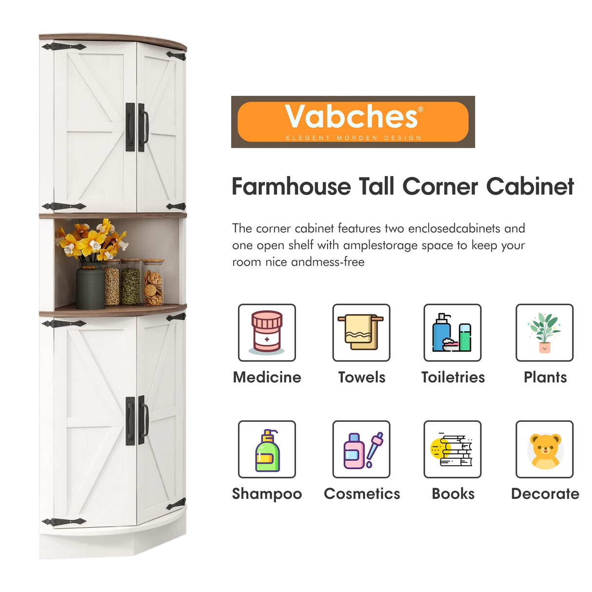 Vabches 64.8" Tall Farmhouse Corner Cabinet with 4 Doors and 5 Storage Shelves, Farmhouse Storage Cabinet with Barn Door Design, Home Space Saver for Living Room, Kitchen, Laundry Room,White Vabches