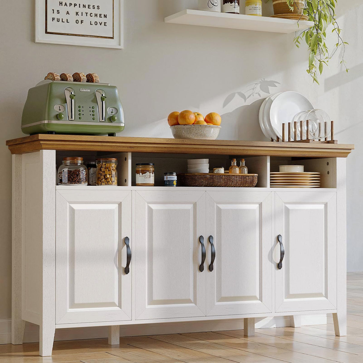 Marsail 55" Buffet Cabinet with Storage, Farmhouse Kitchen Sideboard Cabinet w/4 Doors & Shelves, Coffee Bar Buffet Table for Dining Room, Brown White Marsail