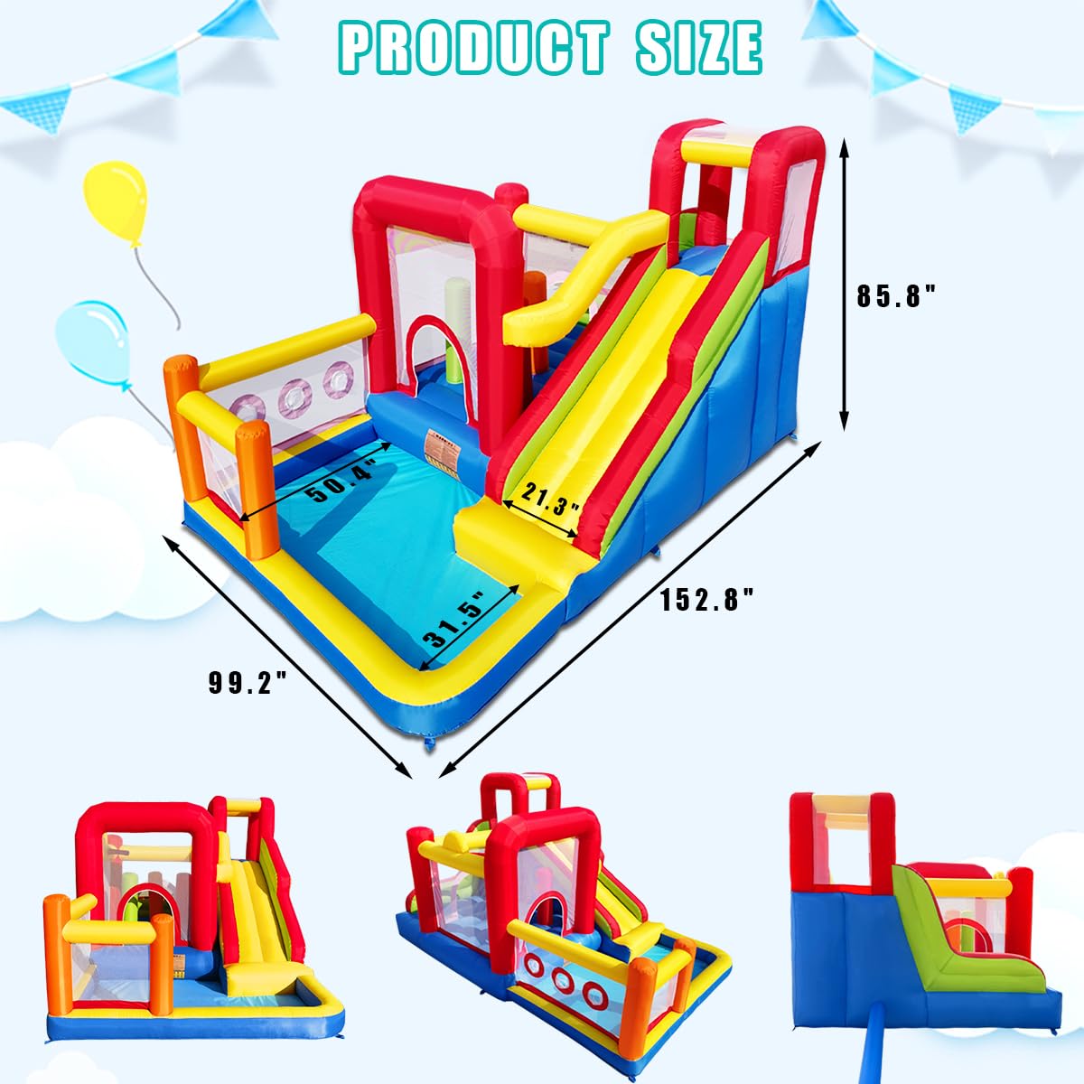 Hongcoral Bounce House, Inflatable Bounce Castle with Blower for Kids, Blow Up Jumping Bouncer with Slide, Climbing Wall, Obstacles, Trampoline, Ball Pit Pool for Indoor Outdoor Hongcoral