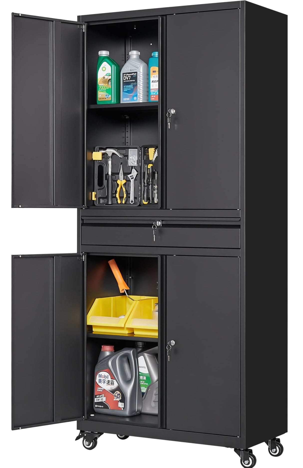 Metal Garage Storage Cabinet with Wheels and Drawer,73" Tall Black Rolling Garage Cabinet with Locking Doors and Adjustable Shelves,Mobile Metal Storage Cabinets on Wheels for Home,Office,Garages,Tool SISESOL