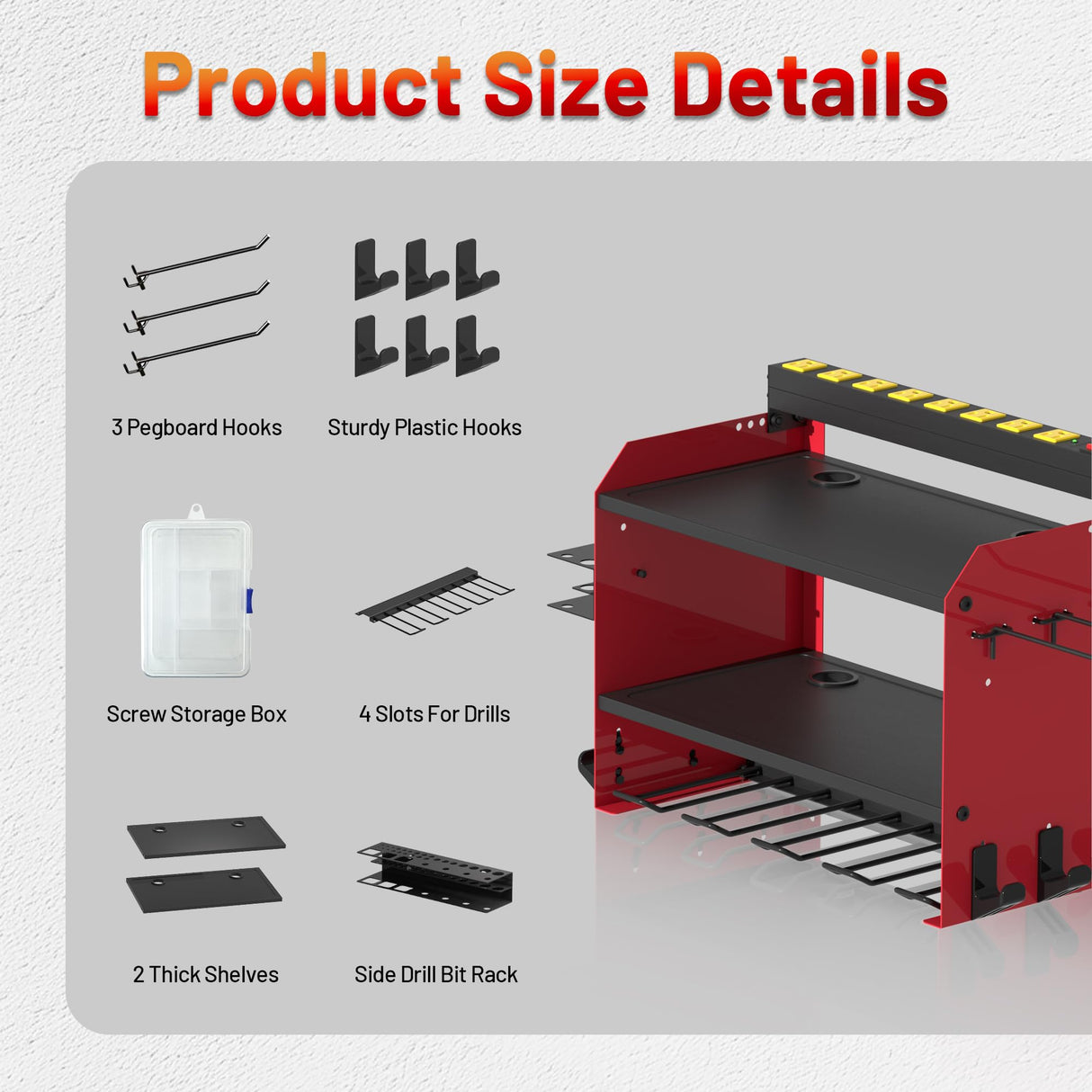 CFMASTER Power Tool Organizer Wall Mount wtih Charging Station,4 Drill Holder Wall Mount with 8 Outlet Power Strip,3 Layers Heavy Duty Tool Rack with Hooks,Screwdriver Organizer in Workbench,Garage CFMASTER