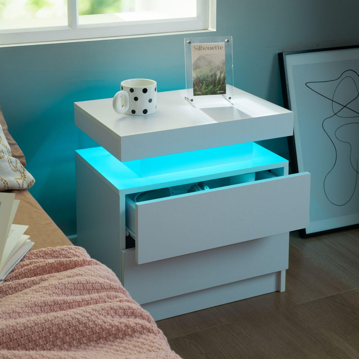 i-aplus Nightstand Set of 2 LED Nightstand with 2 Drawers, Bedside Table with Drawers for Bedroom Furniture, Side Bed Table with LED Light, White i-aplus