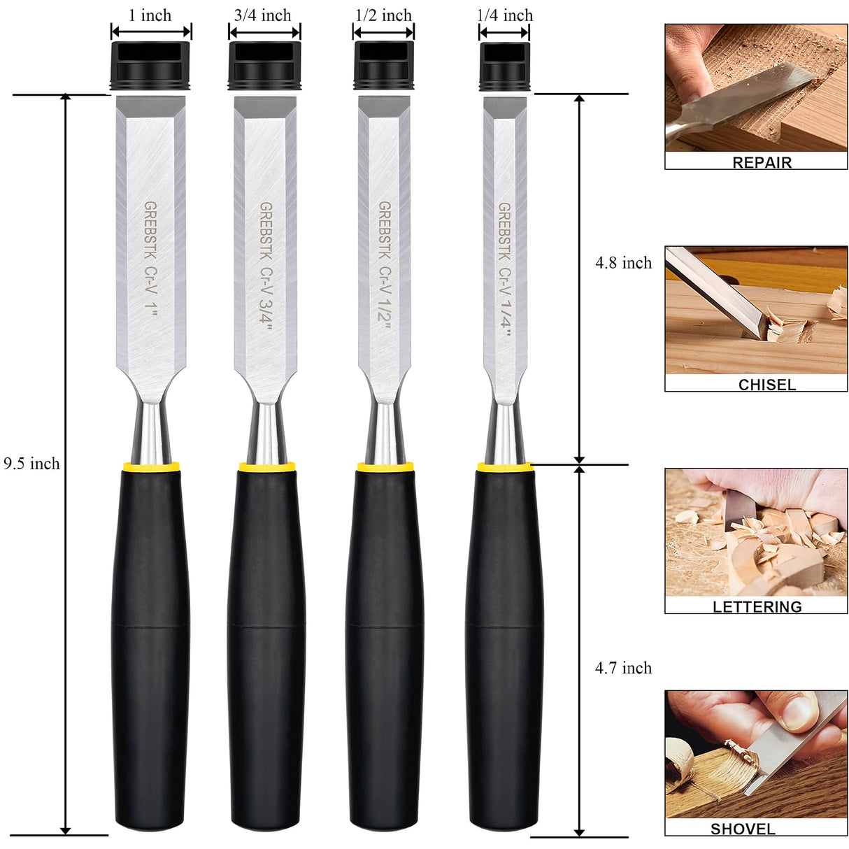 GREBSTK 4 Piece Wood Chisel Set for Woodworking, Professional CR-V Steel Bevel-Edge Bench Chisels, Extra Large High Impact Handle GREBSTK