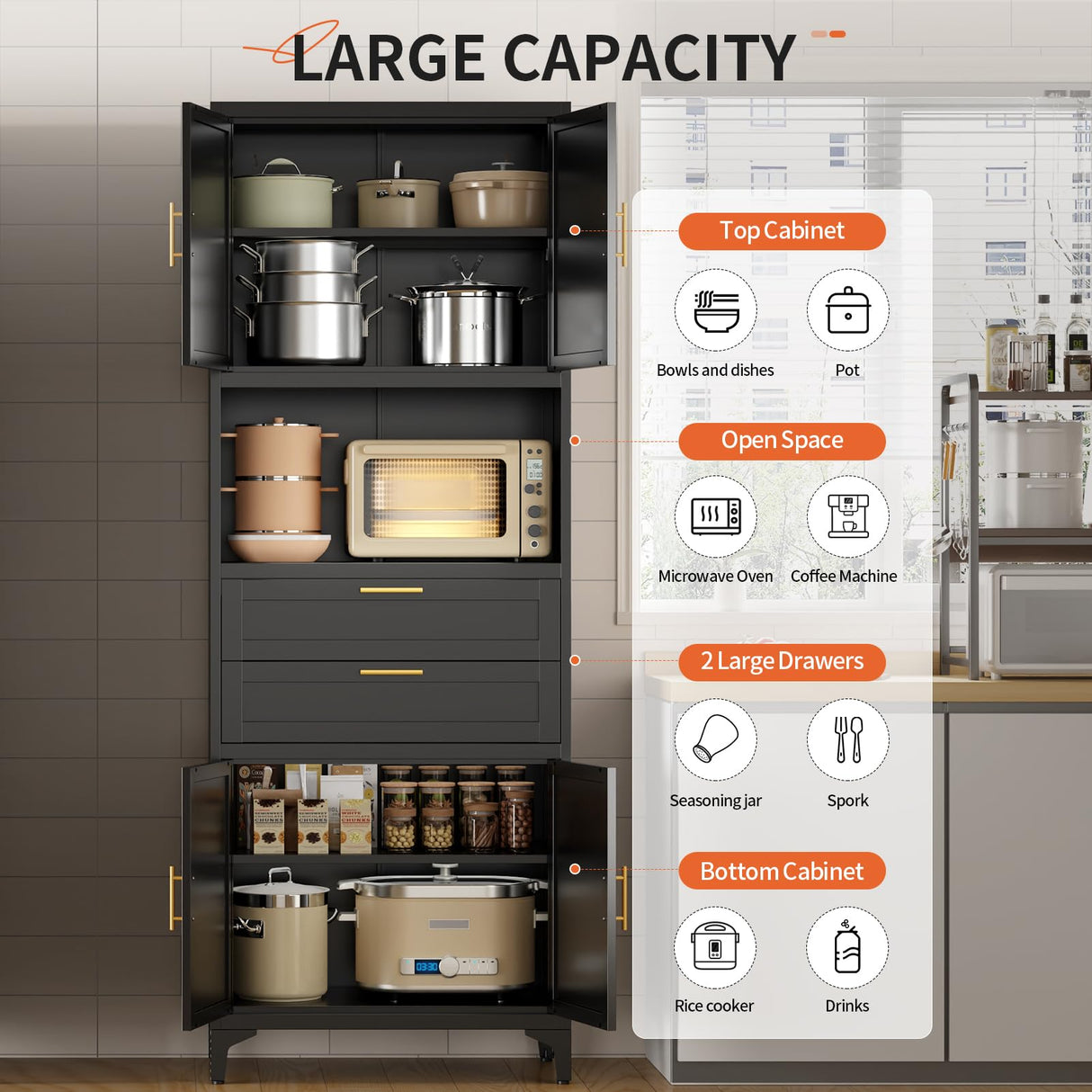 steelftyn 75" Pantry Storage Cabinet, Metal Cupboard with 2 Drawers, Tall Cabinet with 4 Doors and 2 Adjustable Shelves, Kitchen Storage, Cupboard for Dining Room, Living Room, Black steelftyn