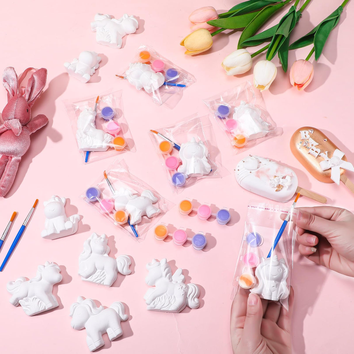 Simgoing 20 Set Dinosaur Unicorn Mermaid Donut Jungle Animal DIY Painting Kit Pumpkin Snowman Ceramic Paint Your Own Figurines Unpainted Plaster Craft for Party Favor(Unicorn) Simgoing