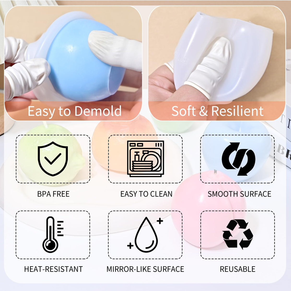 RESIN GO 5Pcs Fruit Candle Molds Set, 3D Apple, Pear, Orange, Lemon & Peach Silicone Molds for Candle Making, DIY Scented Wax Candle Soap Epoxy Resin Casting Polymer Clay Art Decor RESIN GO