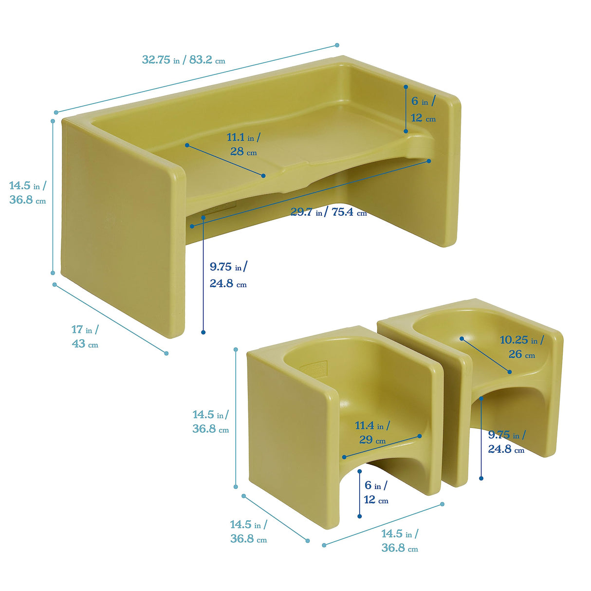 ECR4Kids Tri-Me Table and Cube Chair Set, Multipurpose Furniture, Fern Green, 3-Piece ECR4Kids