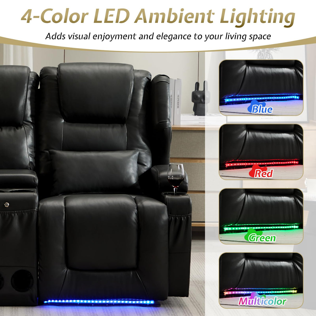 SAMERY Power Loveseat Recliner Sofa Set, Faux Leather Reclining Loveseat Sofa RV Couch Living Room Furniture Set with Console, Bluetooth Speakers, LED Light, USB, Cup Holders (Black 2 Seater) SAMERY