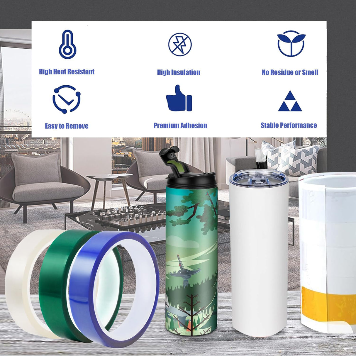 HSDCO 4 Rolls Heat Tape for Sublimation, Heat Resistant Tape for Heat Transfer Sublimation Press, 20mm x 33m(108ft) No Residue Heat Transfer Tape (Blue) HSDCO