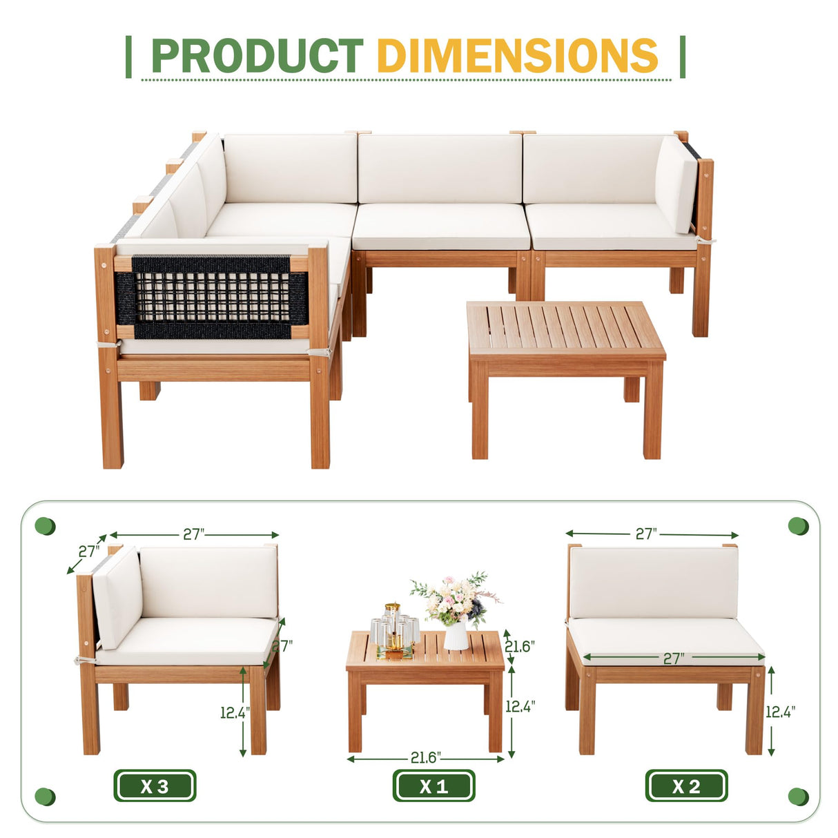 Devoko Outdoor Sectional Couch 6 Pieces Patio Sectional Sofa with Acacia Wood Coffee Table, Outdoor L-Shaped Couch with All-Weather Cushion for Patio,Deck,Backyard(White) Devoko