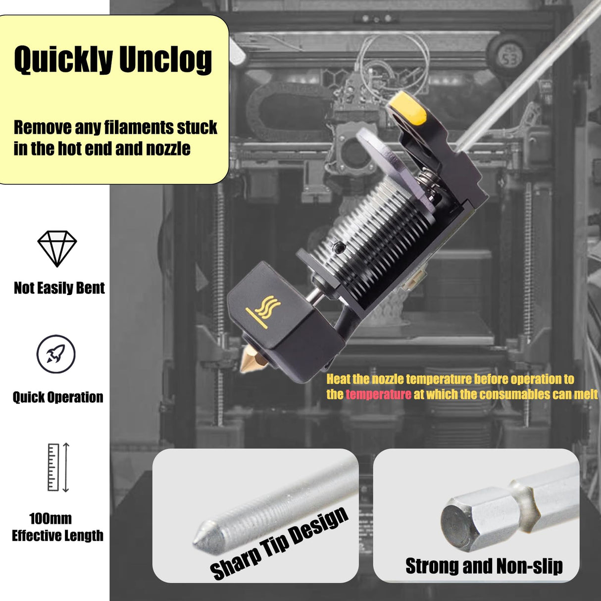 XIFOWE Clog Poke 3D Printer Accessories, Φ1.7mm L200mm Prolong Throat Piercing Needle Tool for Any 1.75mm Nozzles, 3D Printer Nozzle Cleaning Kit, Removable Needle, Quick Dredging, Reuse The Handle XIFOWE