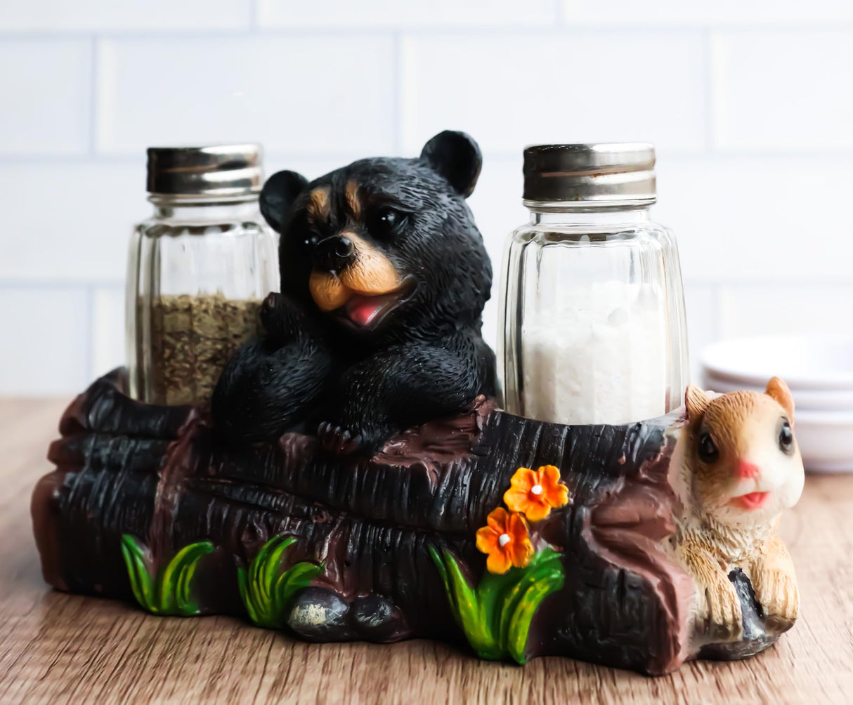 Ebros Black Baby Bear Cub Sitting In Log With Squirrel Salt And Pepper Shakers Holder Statue 6.75"Long Cabin Lodge Whimsical Bear Dining Table Centerpiece Ebros Gift