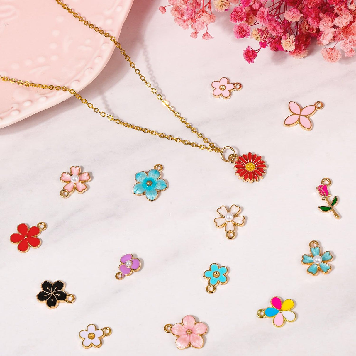 Acejoz 100Pcs 50 Pairs Flower Charms for Jewelry Making, Wholesale Assorted Enamel Mixed Bulk Metal Earring Charms for DIY Necklace Bracelet Earring Jewelry Making and Crafting Acejoz