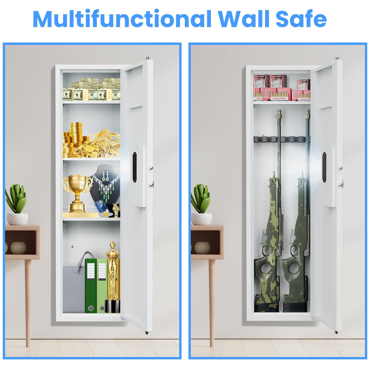 2024 NEW 53.15” Wall Gun Safe, Fingerprint Wall Safe Between the Studs with Dual Alarm & Mute Mode, Hidden Wall Gun Safe for Rifles and Pistols with Adjustable Shelves, Magnetic Gun Support & Key Hook silkight