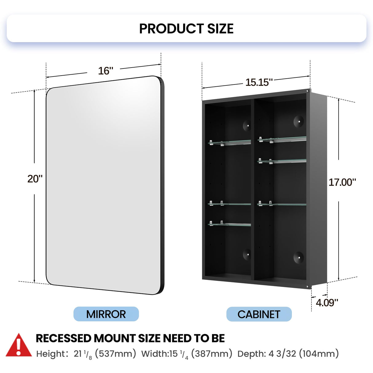 Black Medicine Cabinet with Mirror for Bathroom: 16 x 20 Inch Small Mirrored Vanity Storage with Adjustable Shelves - Surface or Recessed Wall Mount - Matte Black Frame MemoCastle