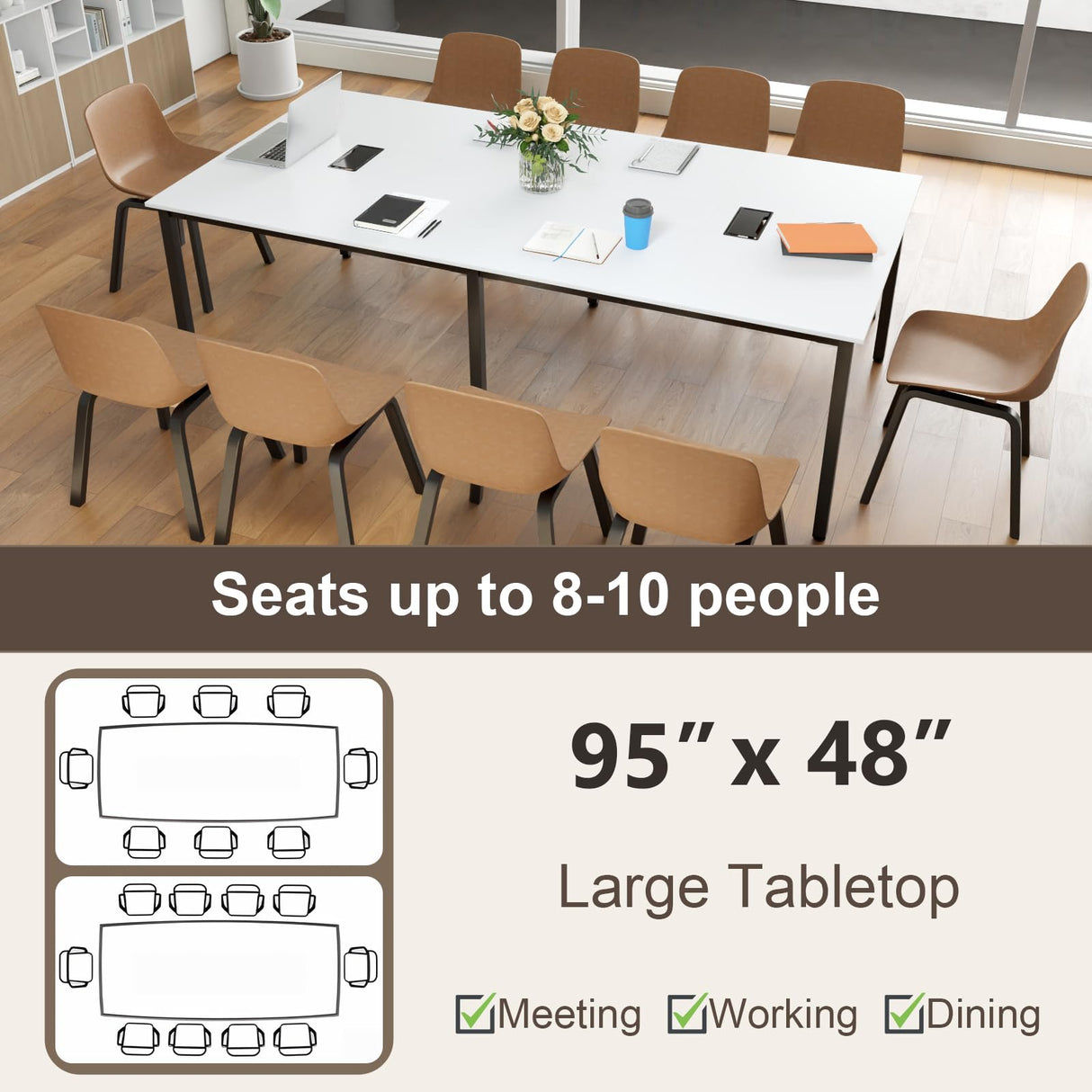 Tangkula 8 FT Conference Table, 95" x 48" Rectangle Office Computer Desk with Heavy-Duty Metal Frame, 2 Cable Grommets, Modern Seminar Table for Meeting Room, Boardroom (White,2) Tangkula