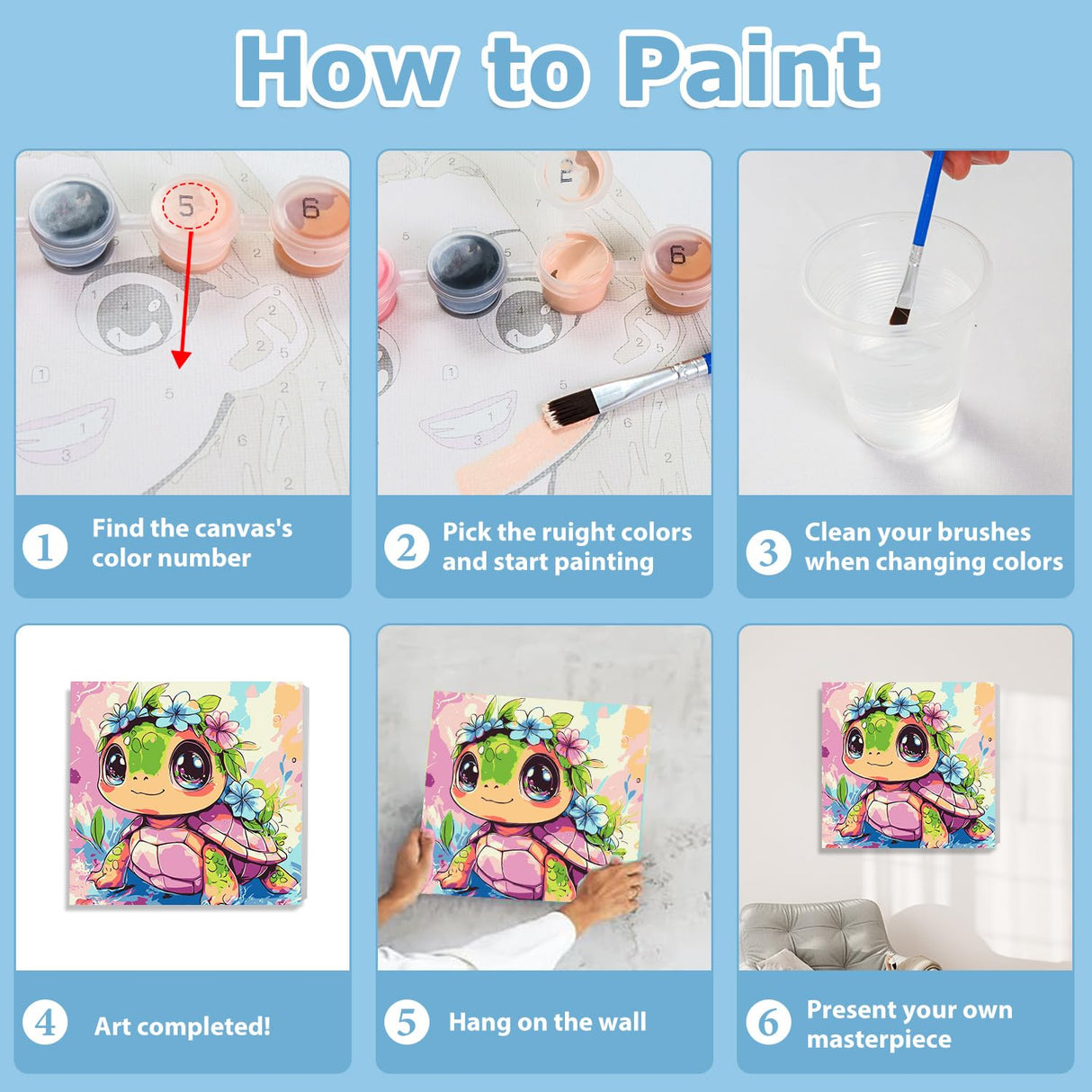 hkejoi Turtle Paint by Numbers Kit for Kids Age 8-12, Turtle Paint by Numbers Framed Flowers Paint by Number with Frame, Framed Paint by Number Kits on Canvas with Box 9.84x9.84 inch hkejoi