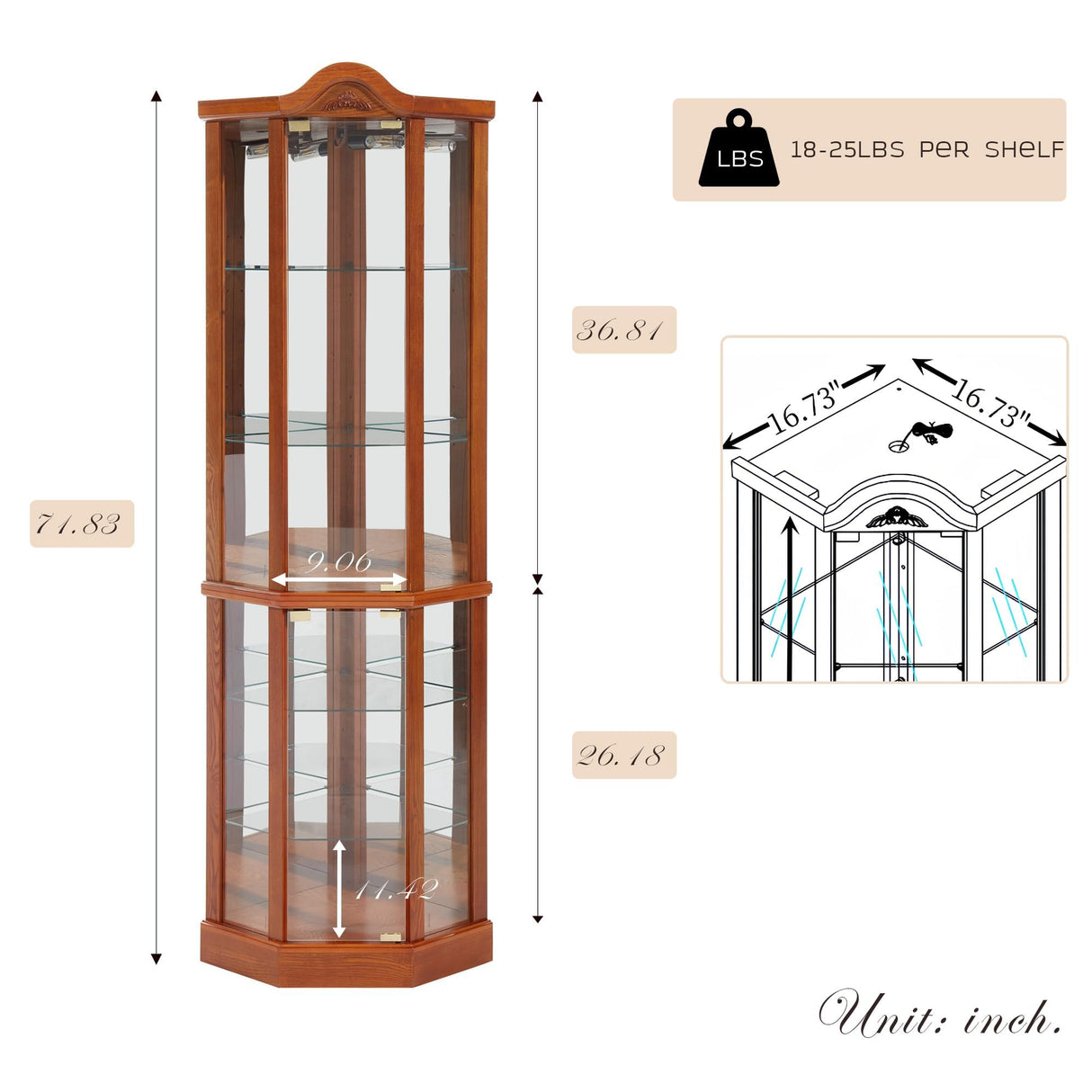 CKEASEAN 72" H Lighted Curio Cabinet with Light Blub, Glass Display Cabinet with 6 Adjustable Shelves, Tempered Glass Doors, Corner Wine Cabinet Storage Rack for Bar and Liquor Storage (Oak) CKEASEAN