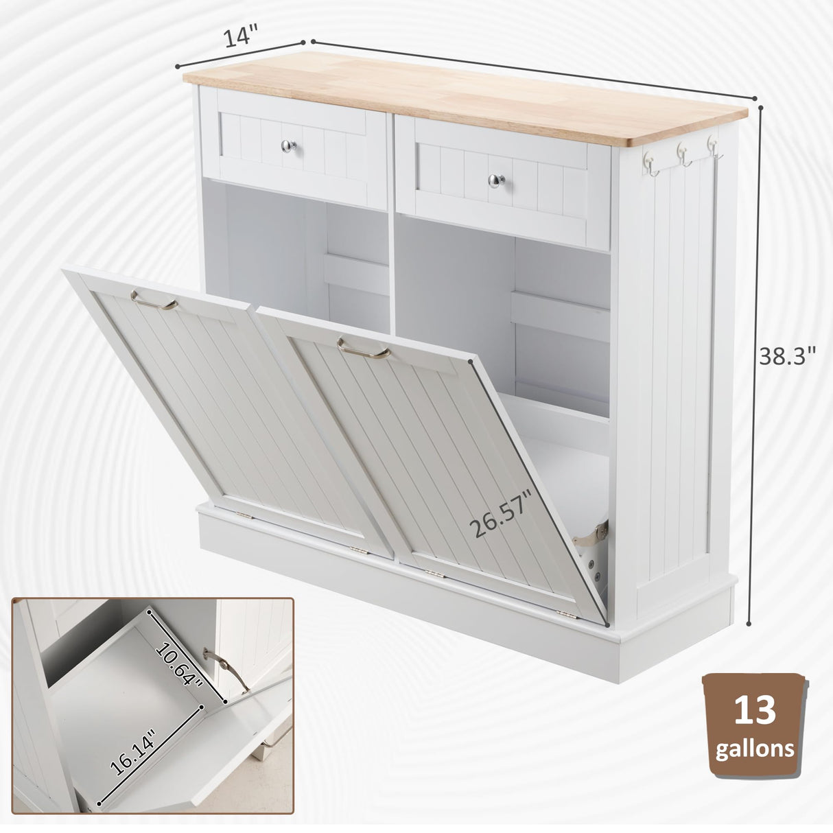 AHB Double Tilt Out Trash Cabinet Kitchen Trash Bin Cabinet 2x13 Gallons Free Standing Recycling Trash Can Cabinet with Hideaway Drawers Pet Proof Trash Can Holder for Kitchen Living Room, White AHB