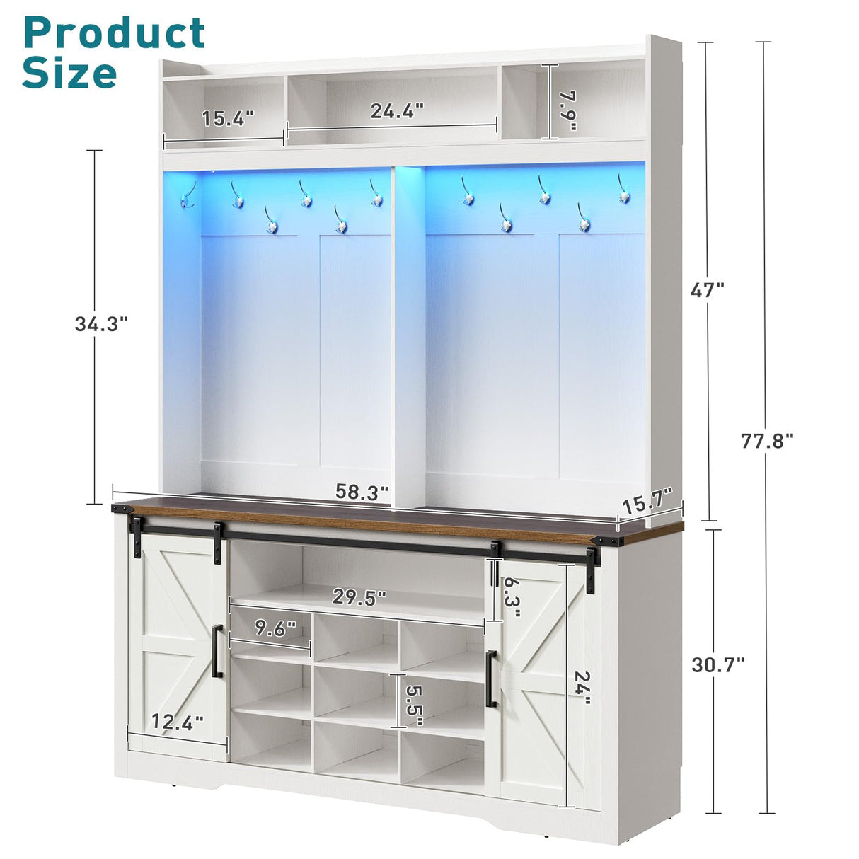 RALGEND Hall Tree with Bench and Shoe Storage, LED Coat Rack with 9 Shoe Cubbies and 12 Hooks, Sliding Barn Doors and Adjustable Shelves, for Foyer, Mudroom, Entryway, White and Walnut RALGEND