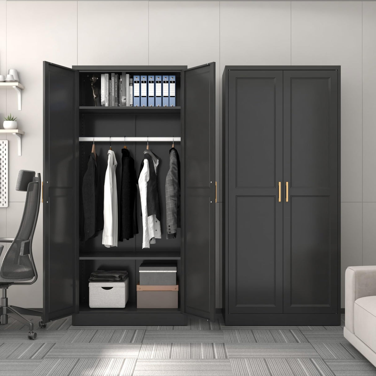 SteeLoong Metal Wardrobe Cabinet with Hanging Rod, 71" Tall Armoire Wardrobe Closet with 2 Doors and Adjustable Shelves, Black Clothing Storage Cabinets for Bedroom, Laundry Room, Cloak Room SteeLoong