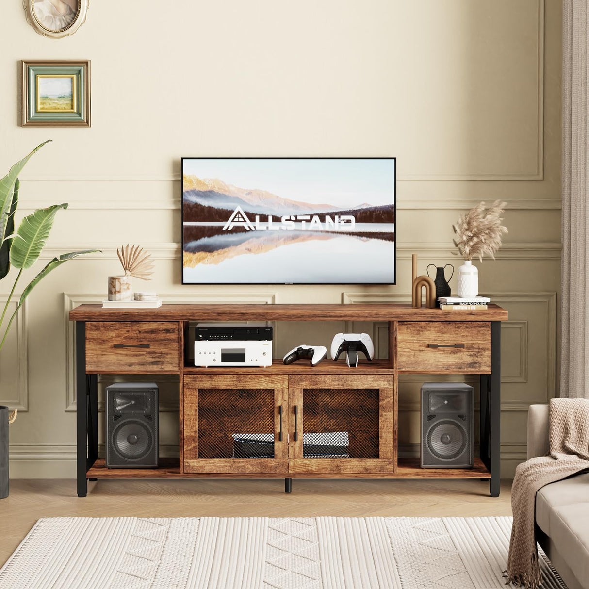 ALLSTAND TV Stand for 55 60 65 Inch TV, Entertainment Center with Fabric Drawers & Storage Cabinets, Industrial Media Console Table with Soundbar Shelf for Living Room, Bedroom, 55 Inches Rustic Brown ALLSTAND