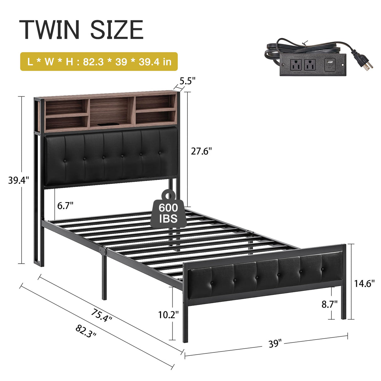 VECELO Farmhouse Metal Bed Frame Twin Size with Wooden Headboard & Footboard, Solid Platform Mattress Foundation with Storage, LED Light, Charging Station, USB Ports, Noise-Free, Easy Assembly, Black VECELO