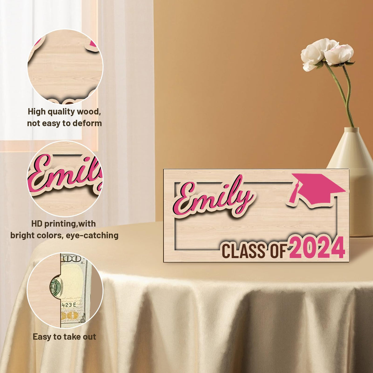 Personalized Graduation Money Holder - Custom Name Wooden Graduation Card Box Cash Holder, Class of 2024 Senior Graduation Gifts for Him or Her YATEDIY