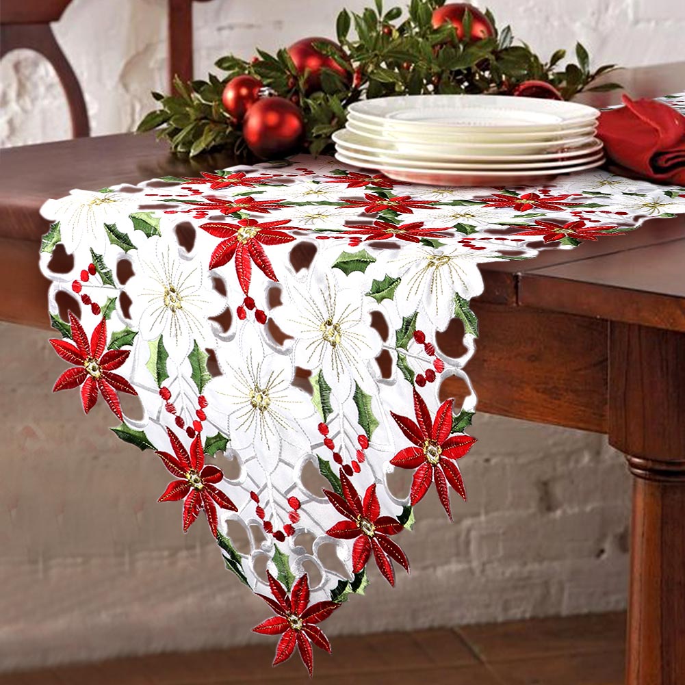 OurWarm Christmas Embroidered Table Runners Poinsettia Holly Leaf Table Linens for Christmas Decorations 15 x 70 Inch OurWarm