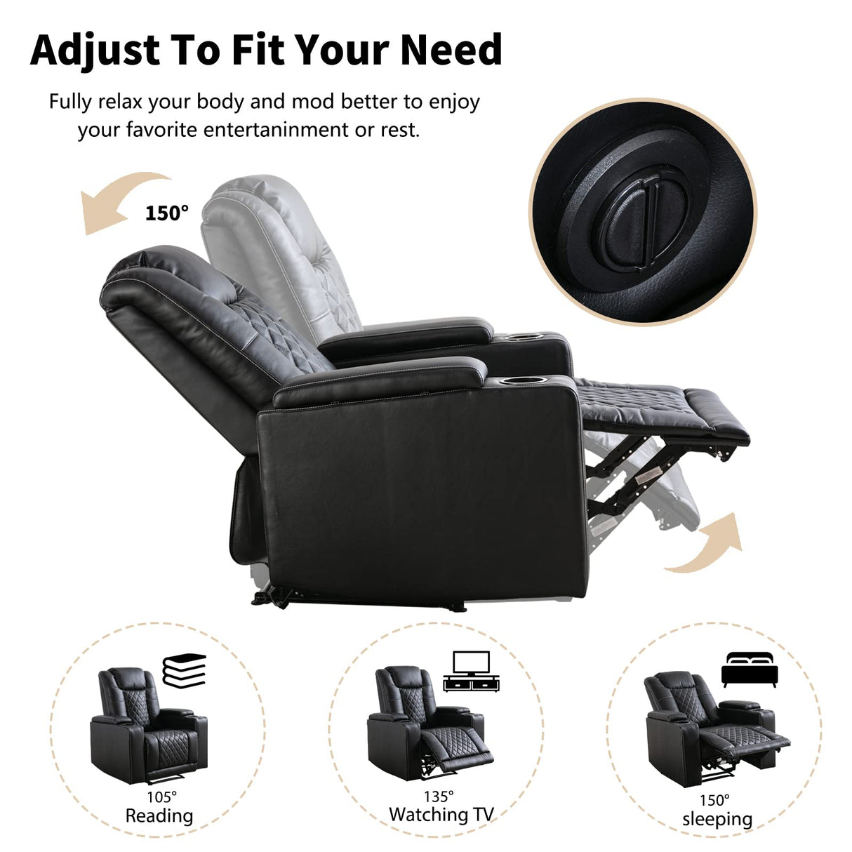 ANJ Electric Power Recliner Chair Soft Leather Reclining with USB Ports and Cup Holders, Black Home Theater Seating with Hidden Arm Storage Movie & Media Room Chairs ANJ