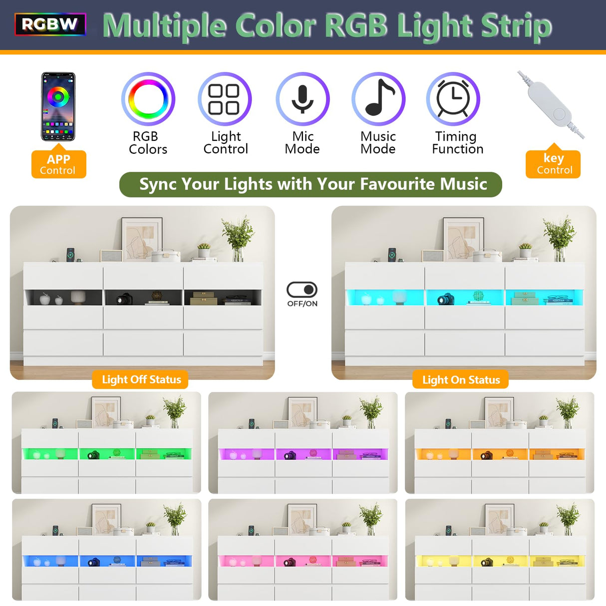 Loomie 9 Drawer Triple Dresser with Charging Station & Led Lights for Bedroom,Long 63" White Dresser TV Stand for TVs up to 75",Wide Large Drawer Dressers Organizer with 3 Open Cubbies for Hallway Loomie