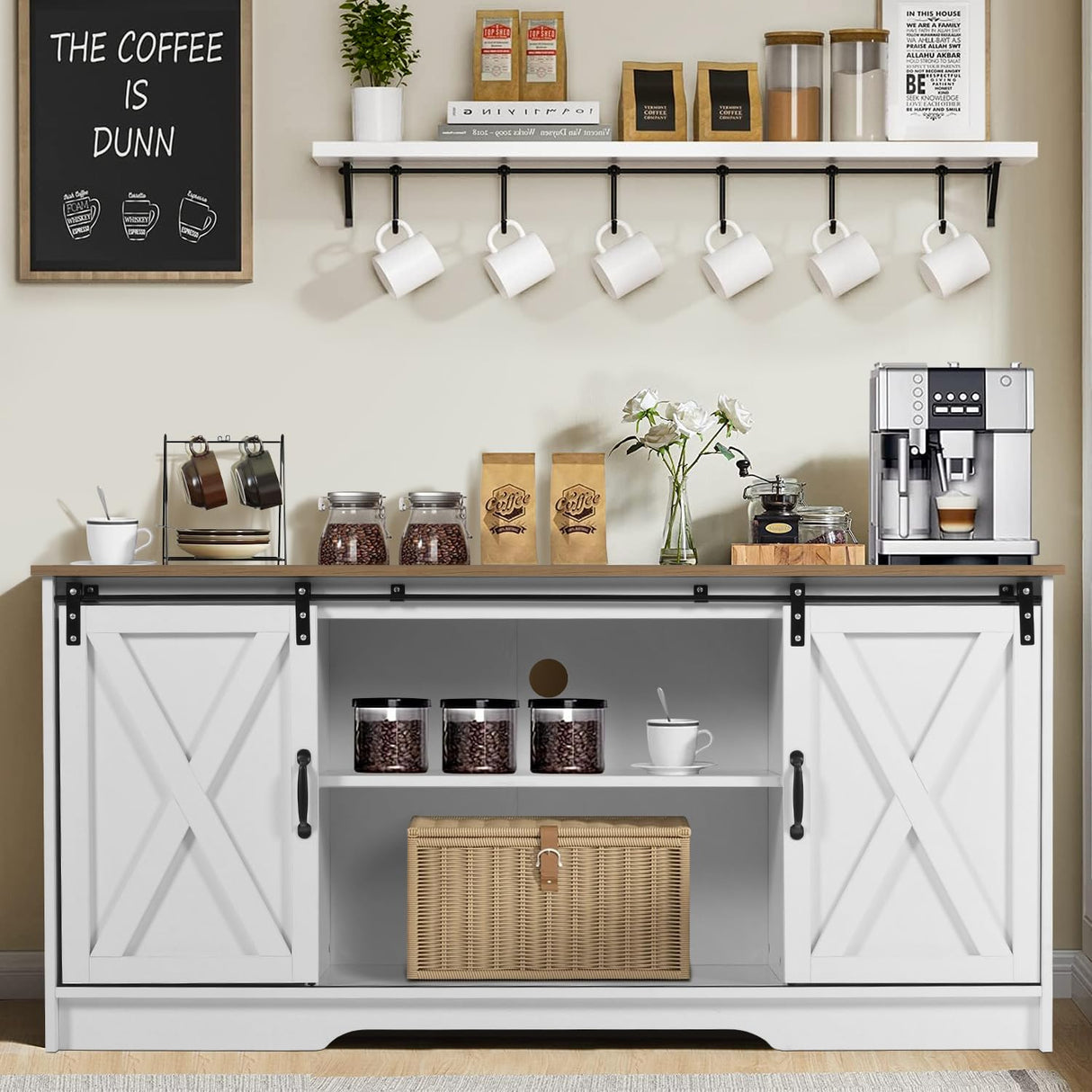 4ever2buy Farmhouse Coffee Bar Cabinet with Storage, 59'' Kitchen Buffet Cabinet with Sliding Barn Door, Sideboard Buffet Cabinet with Adjustable Shelf, White Coffee Bar for Living Dining Room 4ever2buy