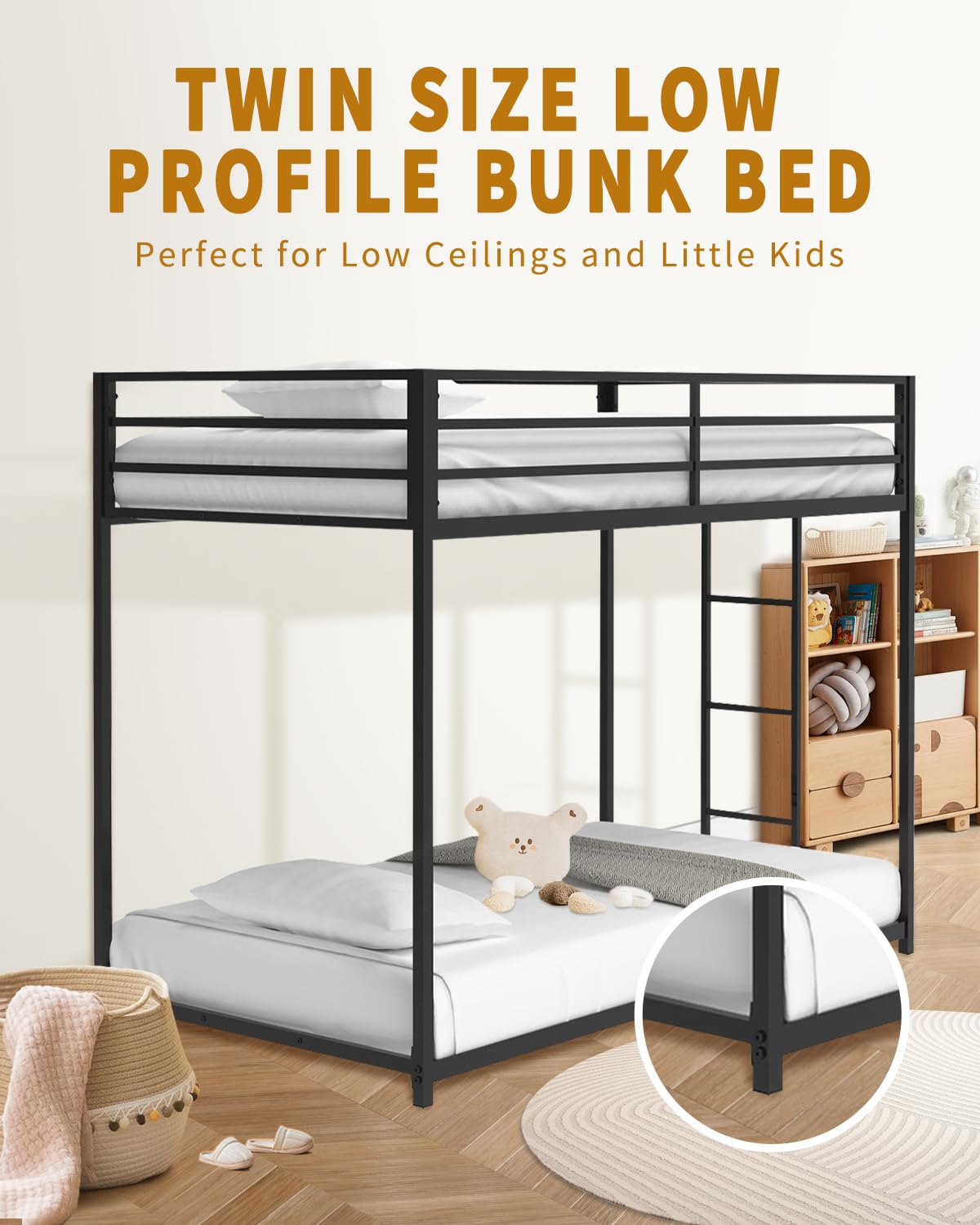 Twin Over Twin Bunk Bed - LifeSky Metal Low Profile Bunkbed with Side Ladder Black LIFE SKY