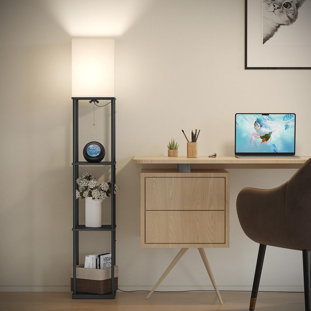 SUNMORY Floor Lamp with Shelves, Smart APP Control Standing Lamp with RGB Bulb, 4-Tier Dimmable Floor Lamps for Living Room, Tall Lamp for Bedroom, Office, Corner Display Bookshelf Lamp SUNMORY