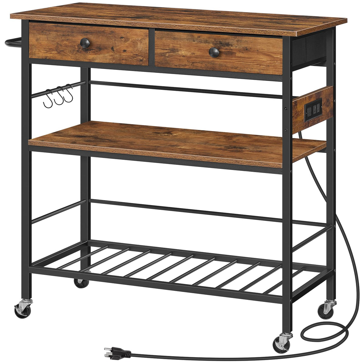 HOOBRO Kitchen Island with Storage, Rolling Island Cart for Kitchen with 2 Drawers & Outlet, 3 Tier Coffee Station and Microwave Stand, Kitchen Island Table for Home, Rustic Brown and Black BF08UZD01 HOOBRO