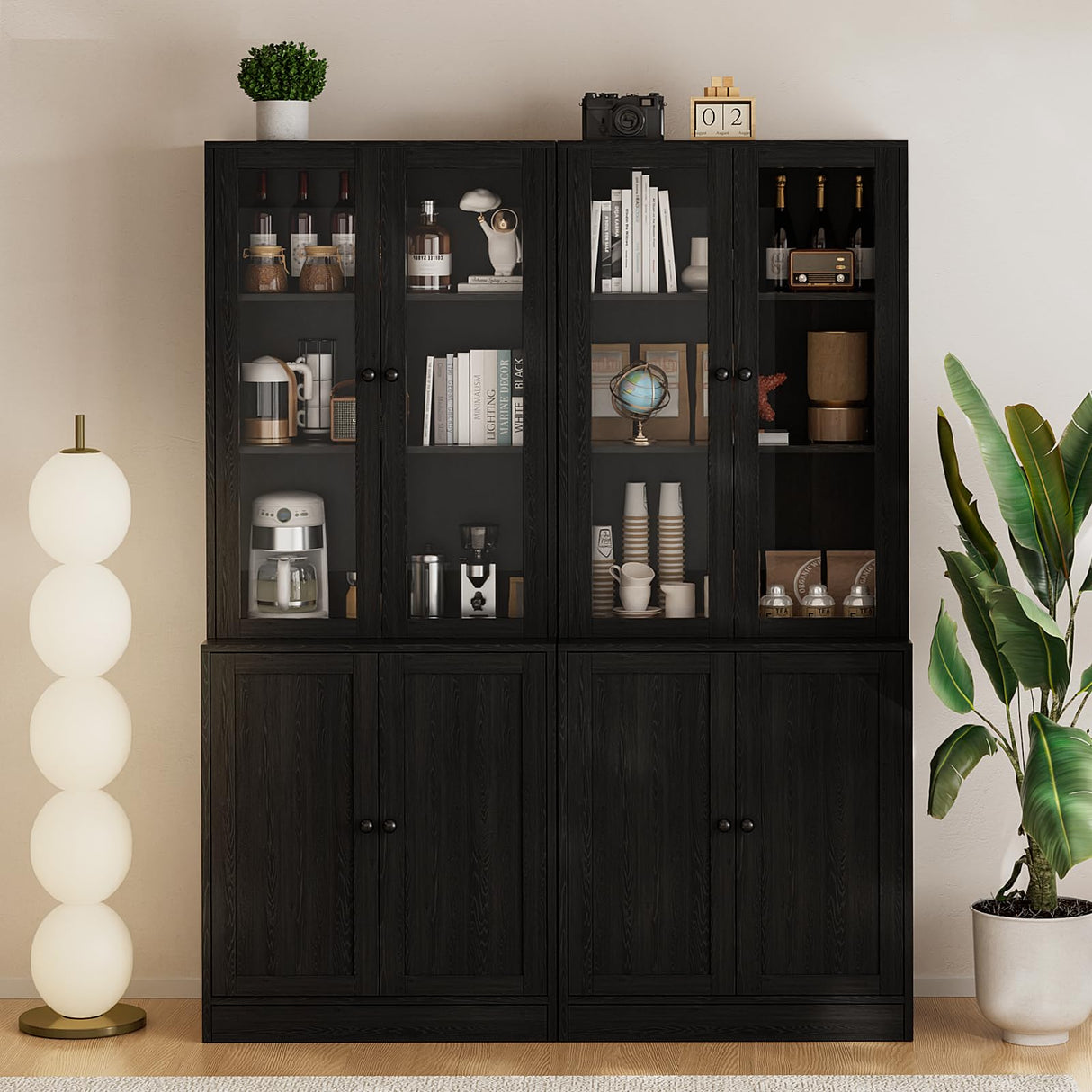 TUSY 4-Piece Large TV Stand with Bookshelves for TVs up to 75", TV Entertainment Center Media Center with Tempered Glass Doors and Shelves, TV Hutch for Living Room (Black) TUSY