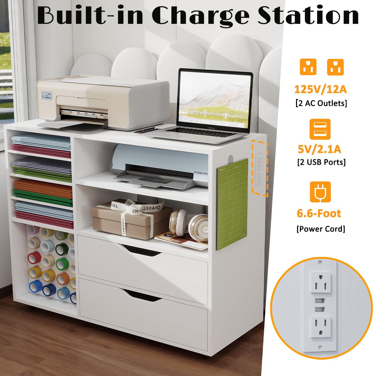 Dooloric Craft Organization and Storage Cart Compatible with Cricut Machines, Rolling Craft Table Organizer with Charge Station Vinyl Roll Holder, Drawers, Craft Storage Cabinet for Craft Room Home dooloric