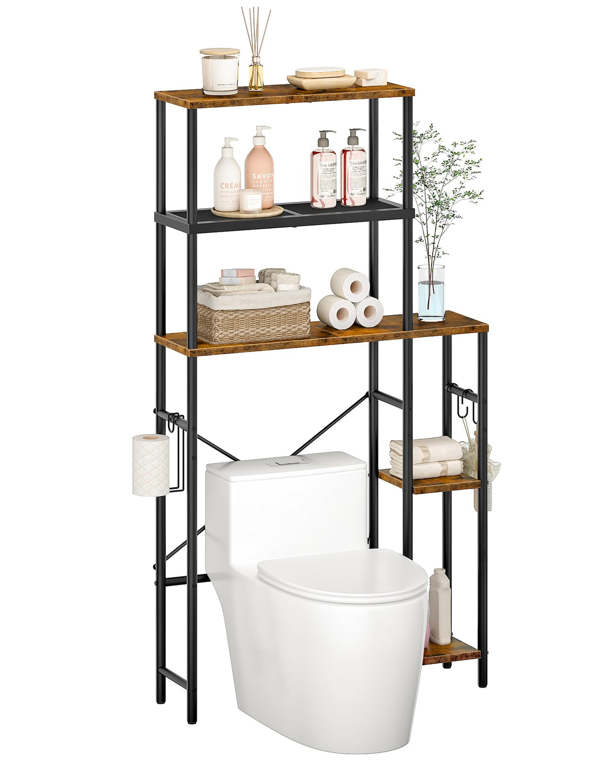 CHOEZON Over The Toilet Storage, 6-Tier Bathroom Organizer Shelf, Over-Toilet Storage Cabinet with Toilet Paper Hook, Space Saving, for Bathroom, Laundry, Entryway, Rustic Brown and Black TTS02BF CHOEZON
