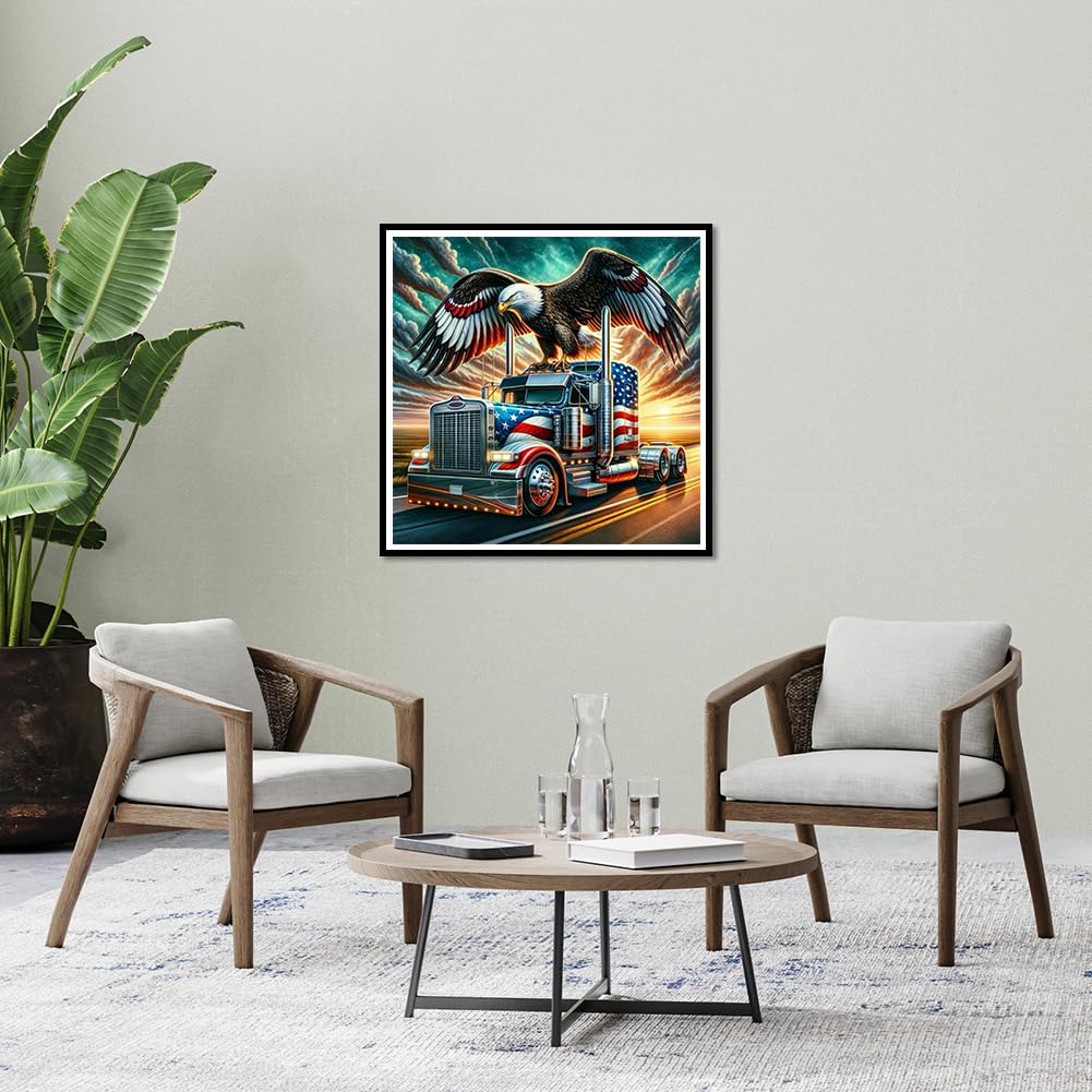 PFFNGPEN Truck Diamond Painting Kits for Adults, 5D DIY American Flag Diamond Art Kits for Beginners, Full Drill Round Diamond Art for Home Wall Decor, Eagle, 12x12 inch PFFNGPEN