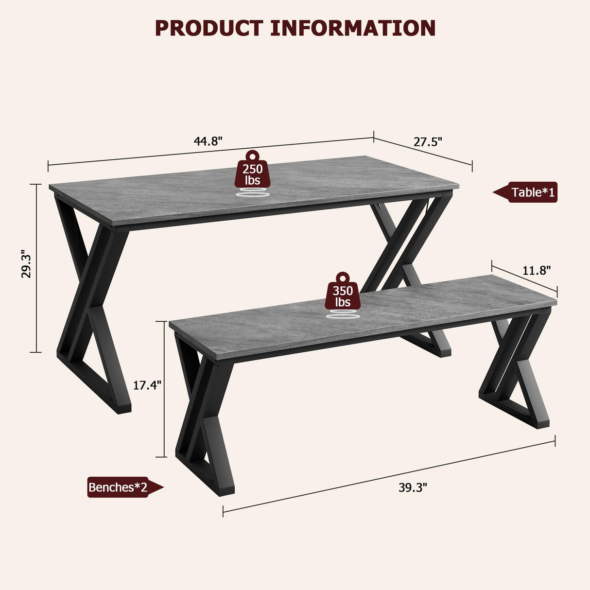 GarveeHome Kitchen Table with 2 Benches, Dining Table Set for 4, Saving Space Dining Room Table Set for Kitchen, Dining Room, Apartment, Sturdy Metal Frame, Grey GarveeHome