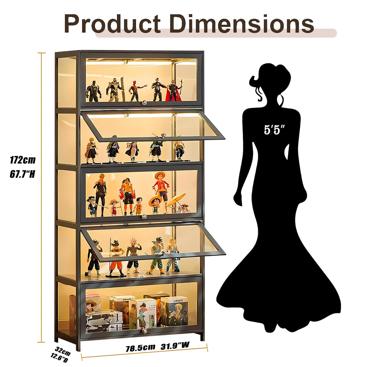 JOIHGA 5 Tier Display Cabinet with Acrylic Glass Doors, 68" Curio Display Cabinet with Adjustable Shelves, Large Capacity Storage Cabinet Collectibles Toy Organizers Rack & Display Shelf for Playroom JOIHGA