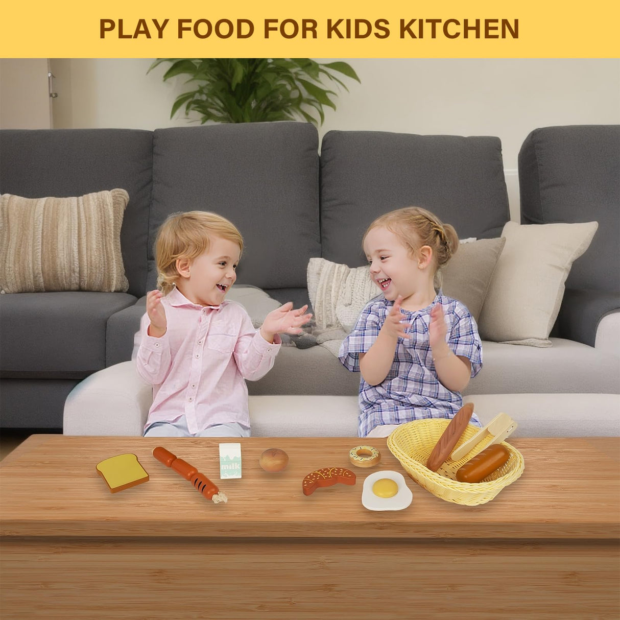 WOODENFUN Wooden Breakfast Toy Food Playset,Kids Pretend Play Food Kitchen Accessories with Storage Basket,Toddlers Fake Food Gift for Boys and Girls 2 Years Old Up WOODENFUN