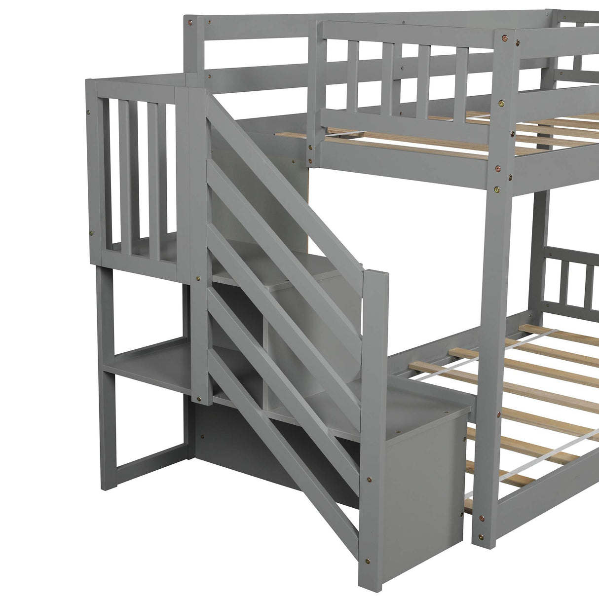 P PURLOVE Twin Over Twin Low Bunk Bed with Storage Stairs in Grey P PURLOVE