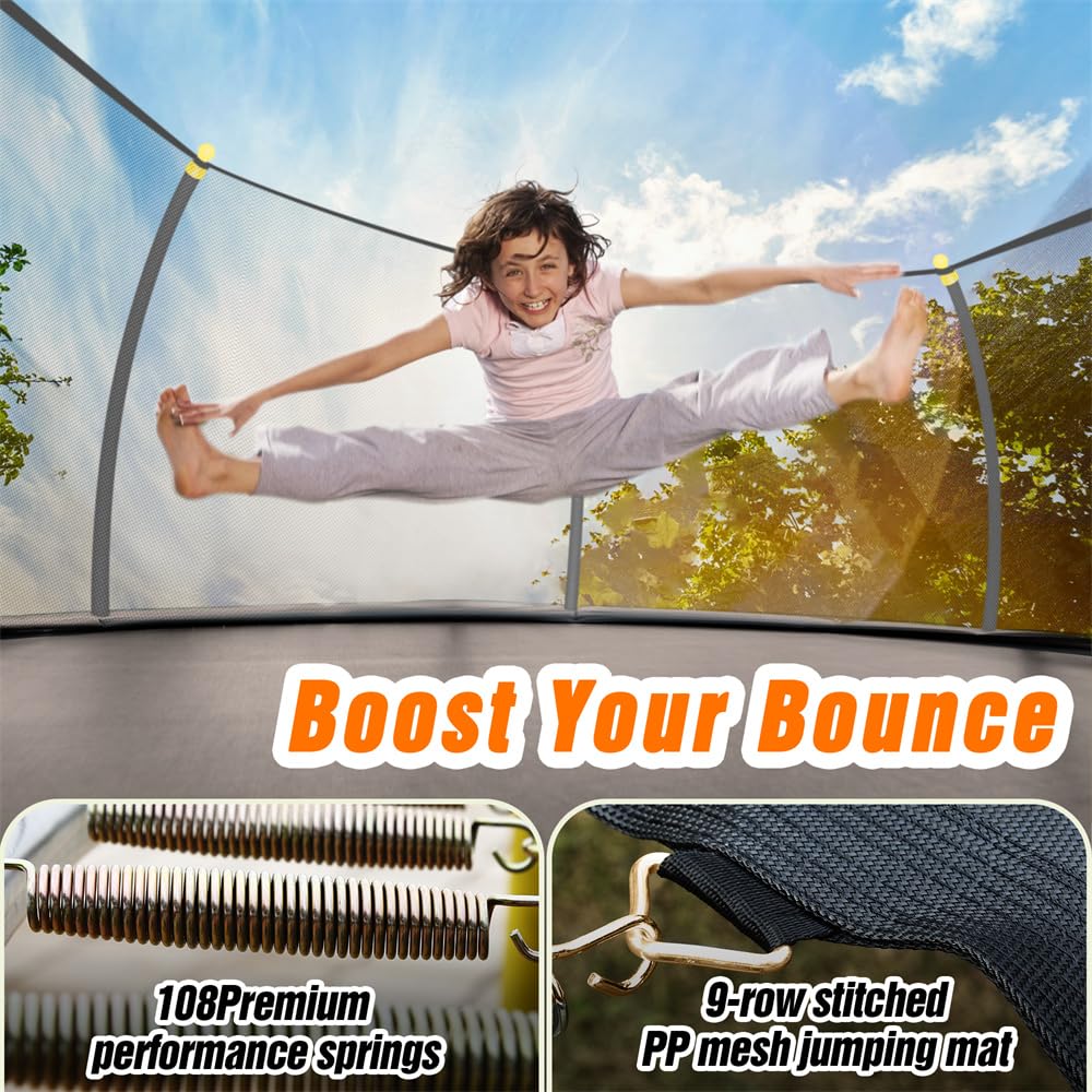 16FT Pumpkin Trampoline with Enclosure Net,Recreational Trampolines for Adults with Jump Game and Galvanized Steel Frame,Outdoor Trampoline with Ladder,Straight Poles Backyard Fun,Black+Yellow TRIPLE TREE