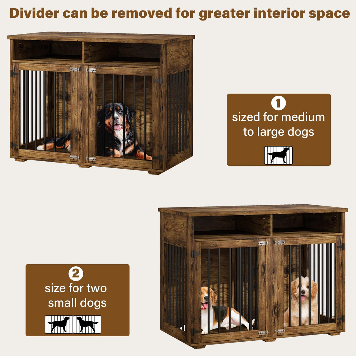 Dog Crate Furniture for 2 Dogs, 41 inch Dog Kennel Furniture with Removable Divider and Shelf Storage, Wooden Indoor Dog Crate for Large/Medium/Small Dogs, Rustic Brown, Farmhouse REVOMINCA